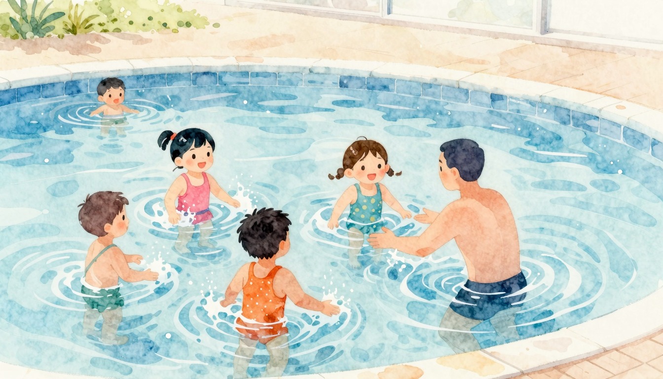 Kinderen tijdens een zwemles in een sfeervol zwembad
