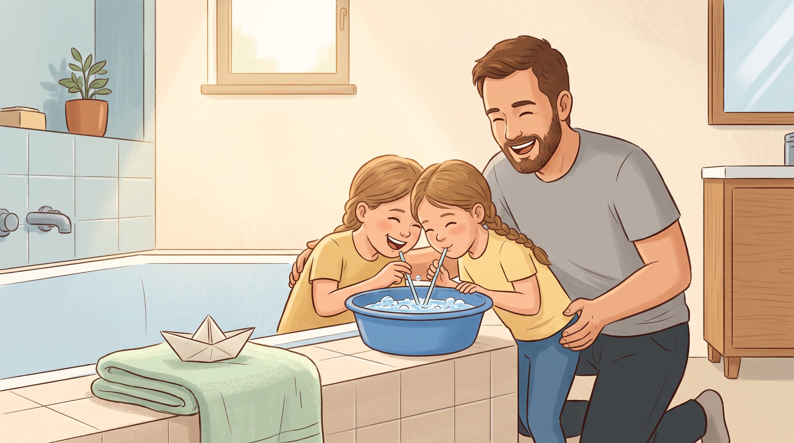 Ouder en kind oefenen thuis met bellen blazen door een rietje in een teil water