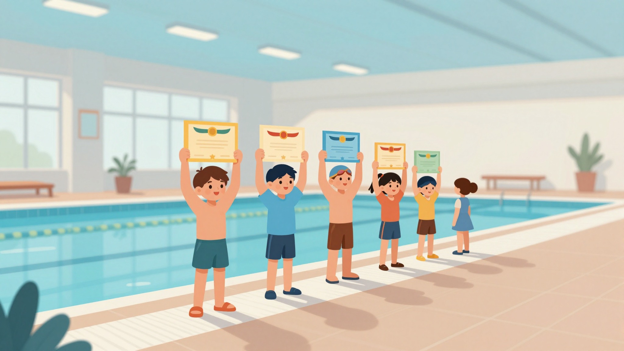 Kinderen vieren hun certificaat aan de badrand
