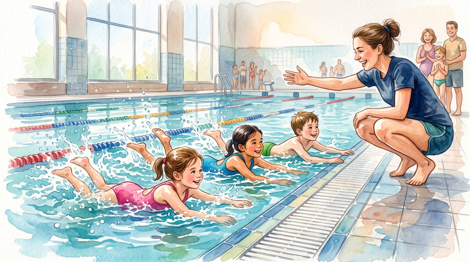 Kinderen zwemmen in een baan terwijl de zwemonderwijzer langs de kant uitleg geeft