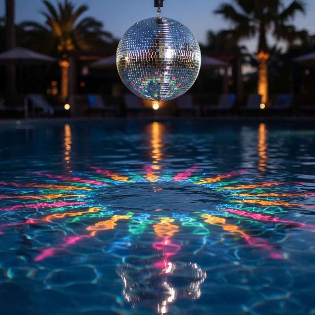 Disco zwemmen met kleurrijke lichtreflecties op het water