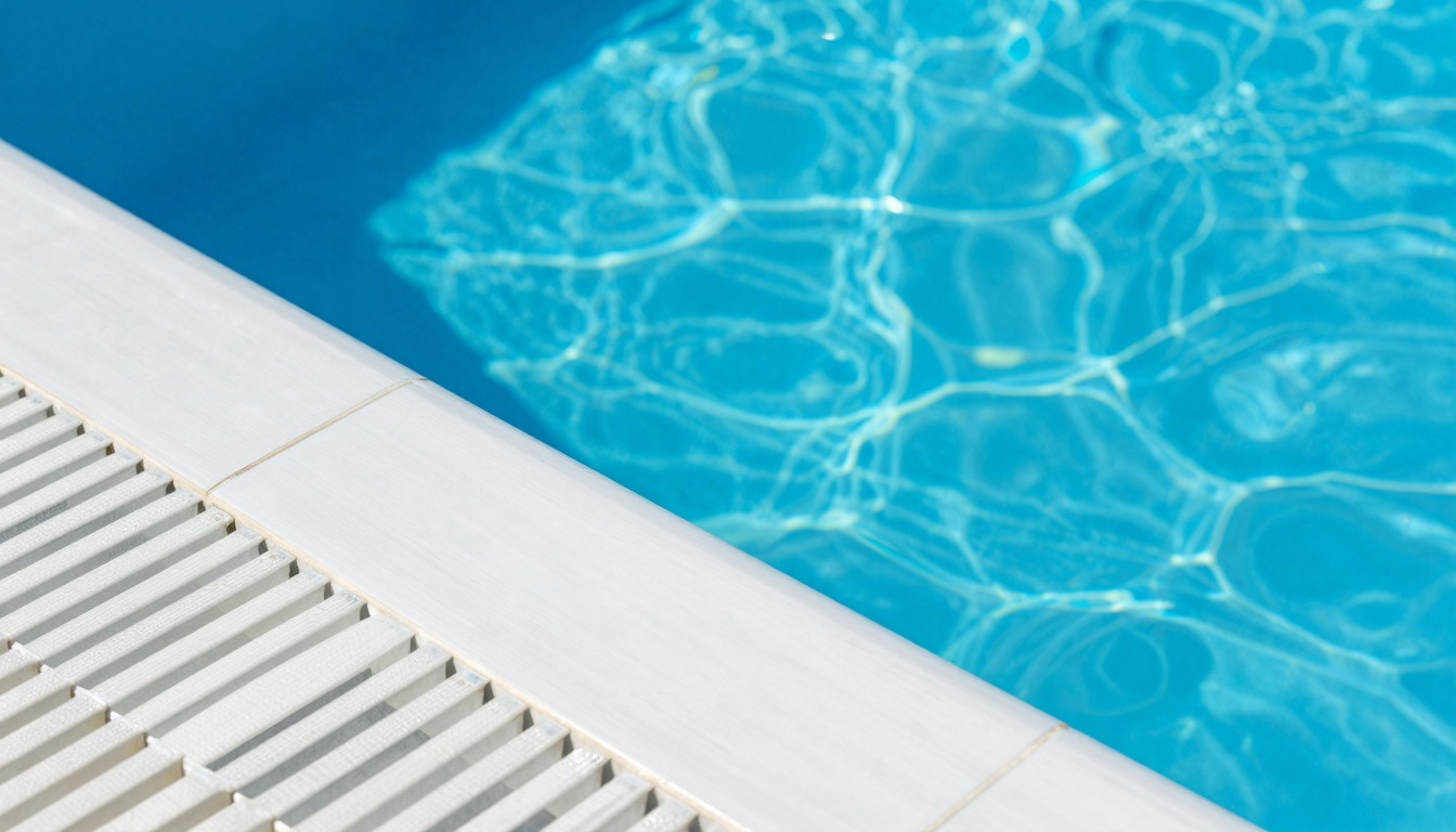 Zwembad met helderblauw water en witte tegels