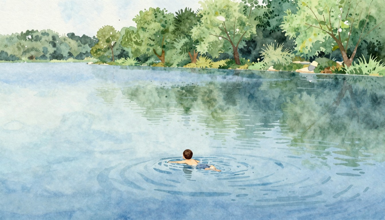 Child swimming confidently in open water