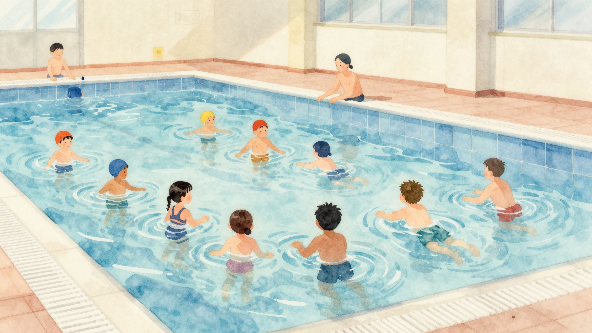 Kinderen tijdens zwemles in een helder binnenzwembad, waterverf stijl illustratie