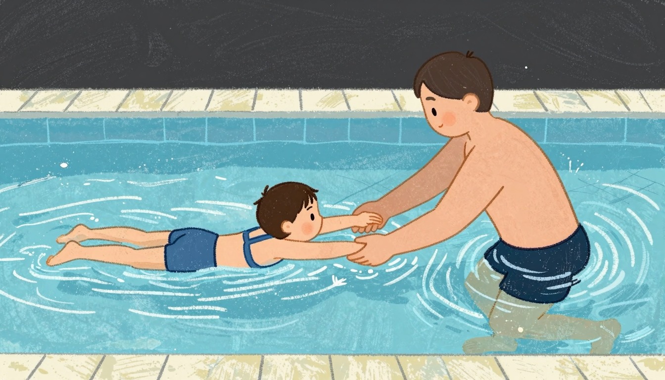Swimming instructor helping child with arm movement in the water
