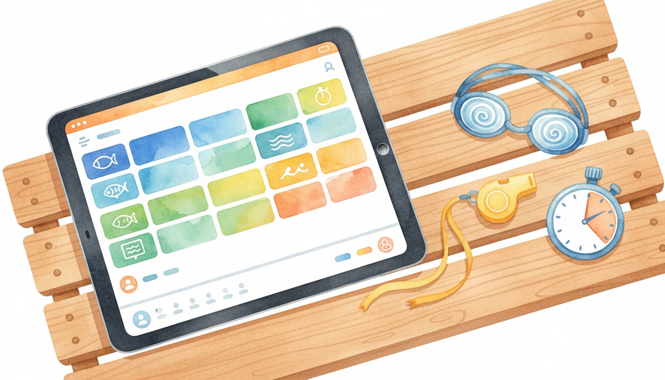 Digitale zwemlesplanning op tablet met zwemaccessoires