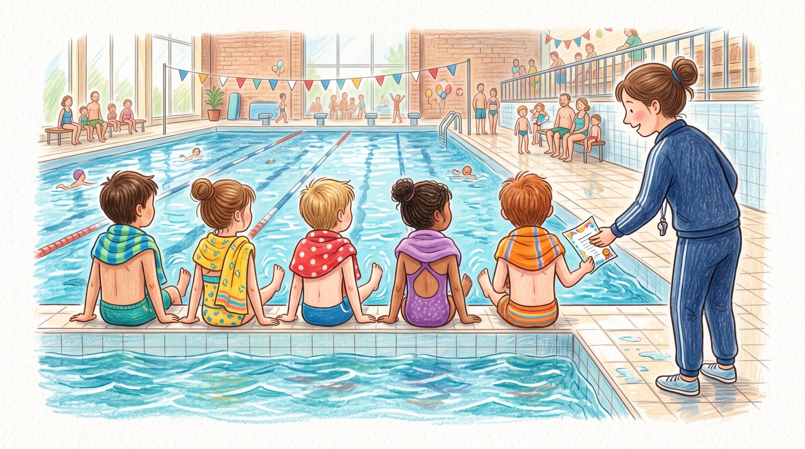 Des enfants assis au bord de la piscine avec les pieds dans l'eau lors d'une journée de remise des diplômes