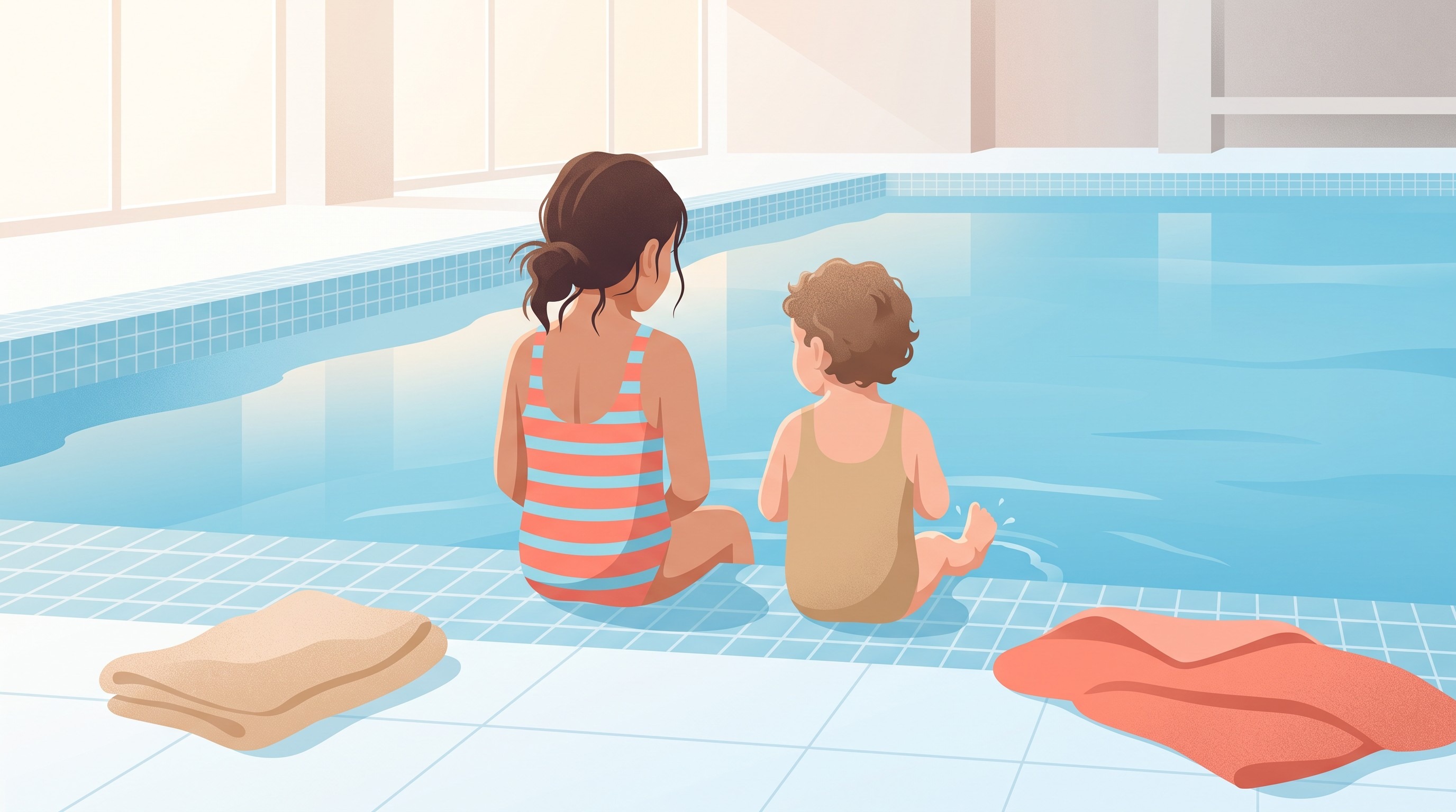 Twee kinderen van verschillende leeftijd zitten op de rand van het zwembad met hun benen in het water