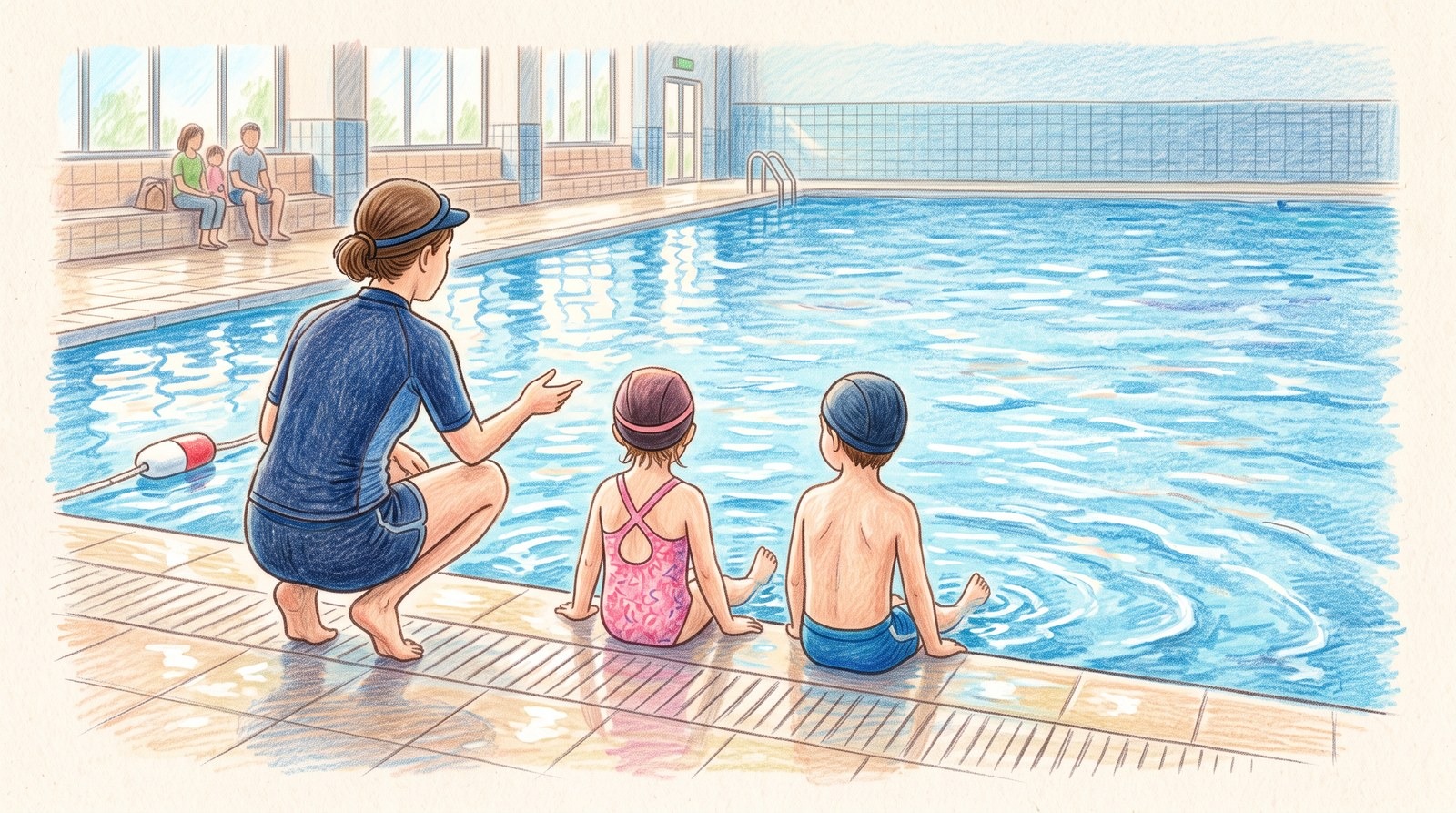 Child with a sensory impairment receiving swimming lessons with visual support at the edge of the pool