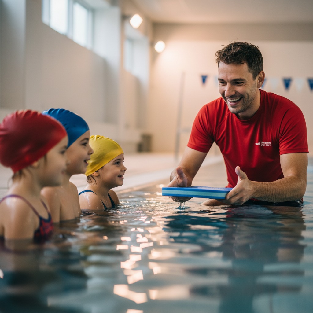 Kinderen in een zwemlesgroep met instructeur