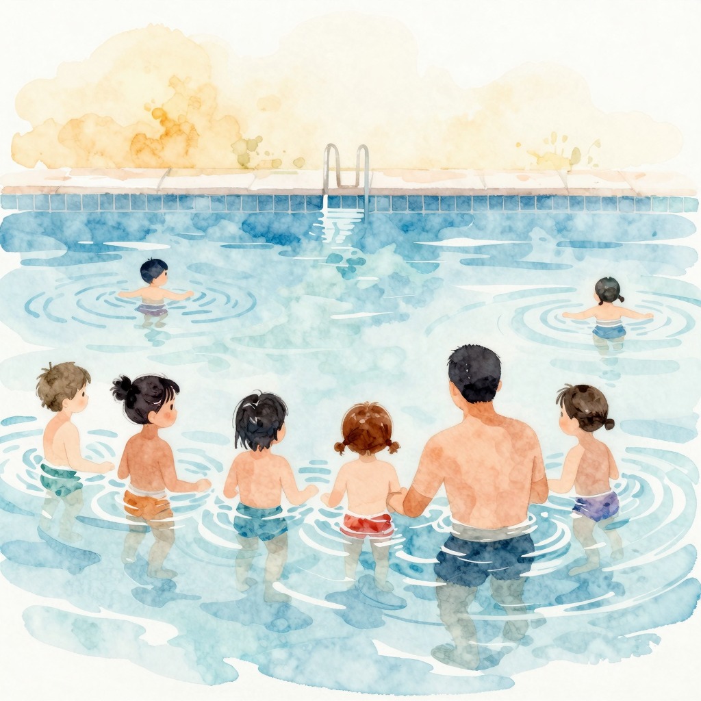 Children taking swimming lessons while an instructor tracks progress