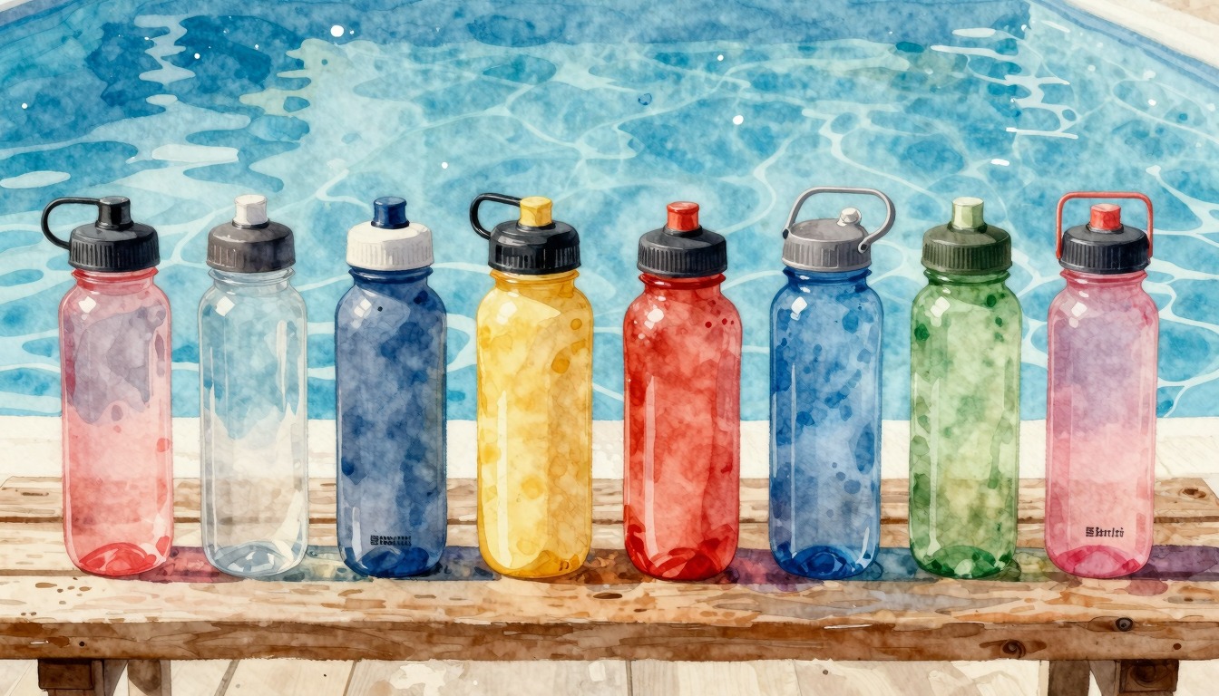 Waterflessen en sportbidons bij het zwembad