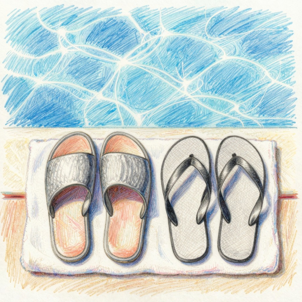 Twee paar badslippers voor volwassenen aan de rand van het zwembad, kleurpotlood illustratie