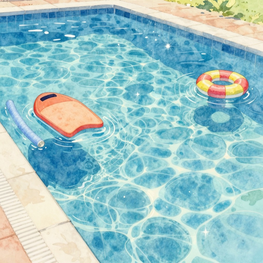 Piscine avec aides à la flottaison, style aquarelle