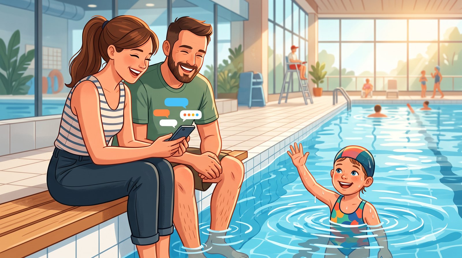 Ouders lezen samen een bericht van de zwemschool op hun telefoon aan de rand van het zwembad