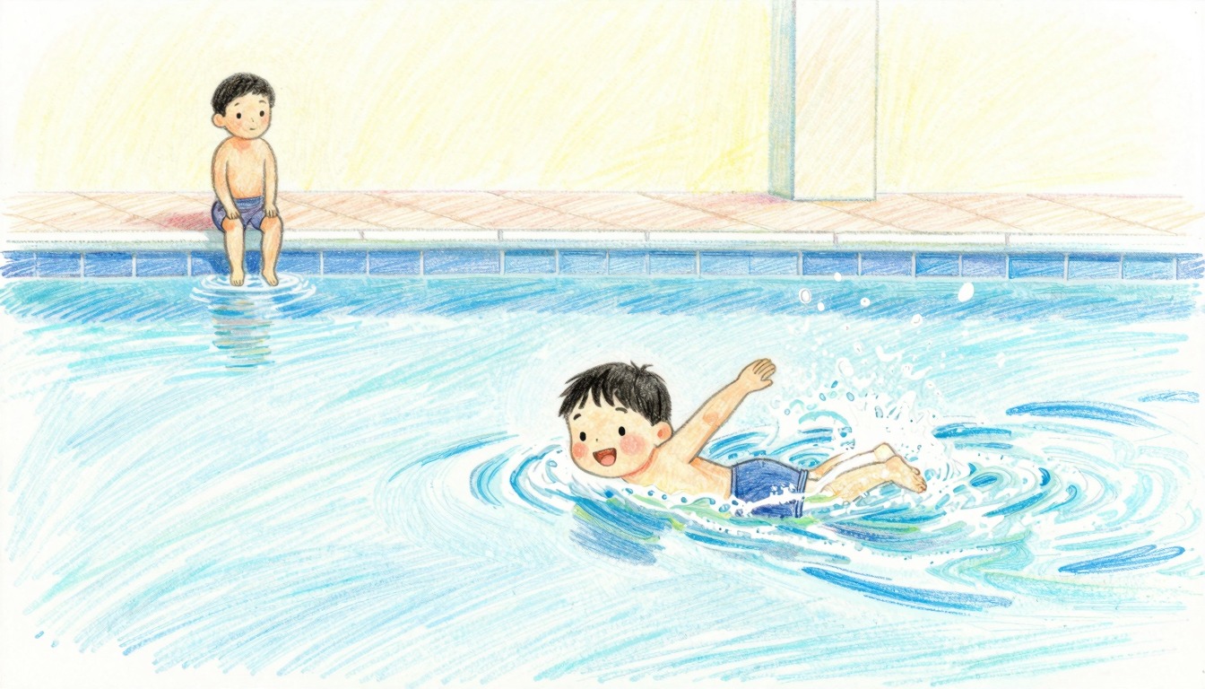 Colored pencil drawing of a child happily swimming a lap during swimming lessons, illustration for the article about switching to another swimming school
