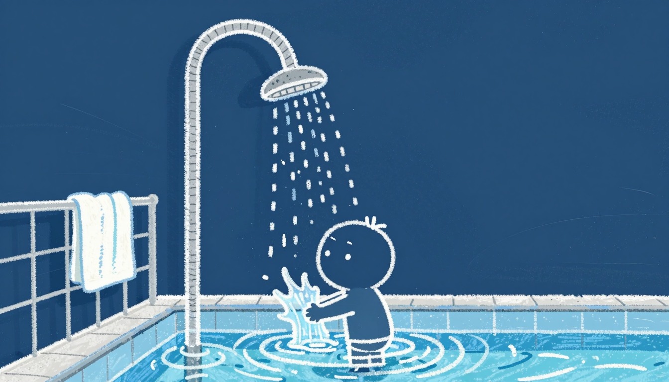 Chalk drawing of a child rinsing off under a shower at the pool edge after swimming lesson