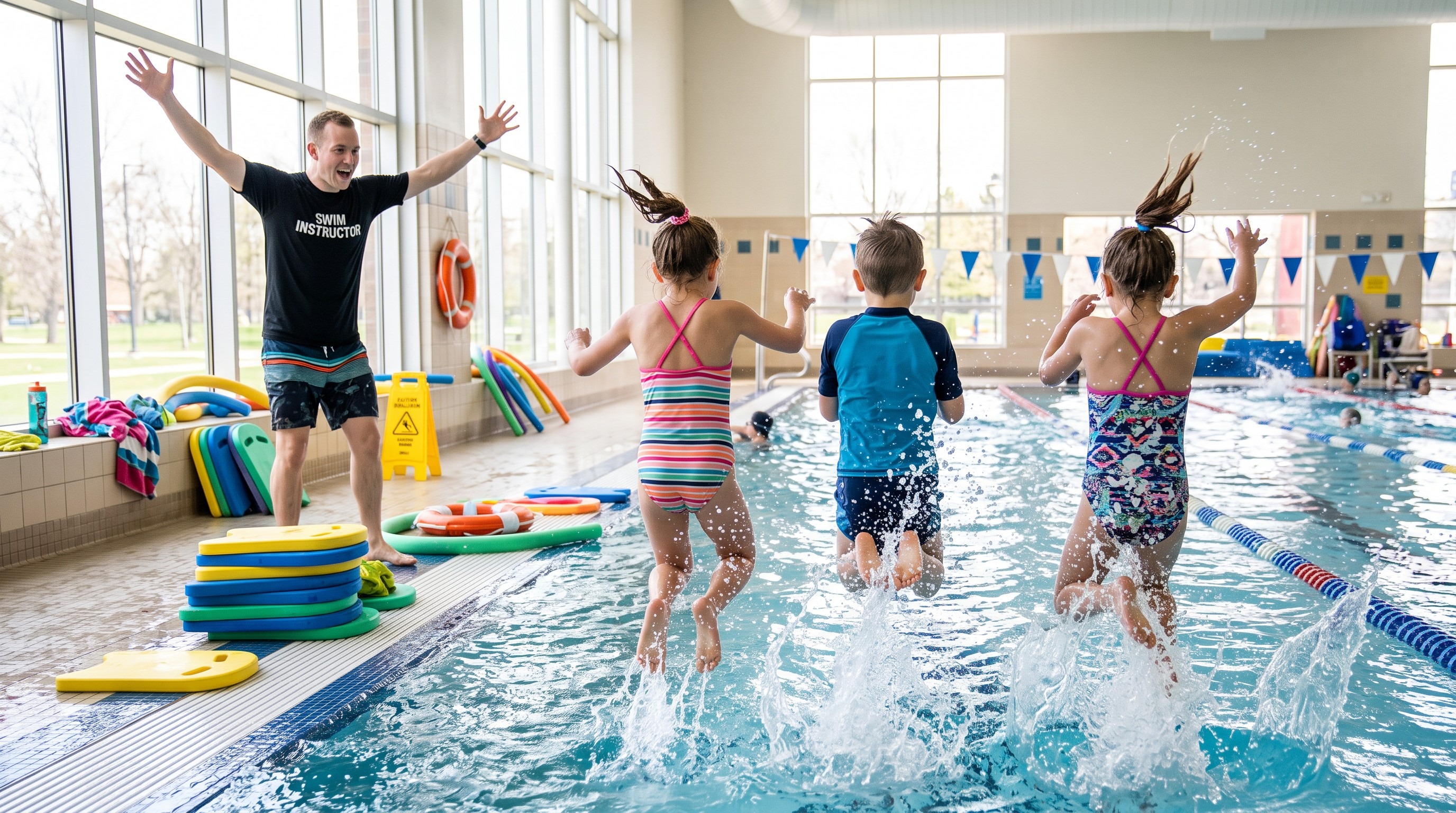 Children jumping in the pool during an intensive swimming lesson, with the instructor on the side