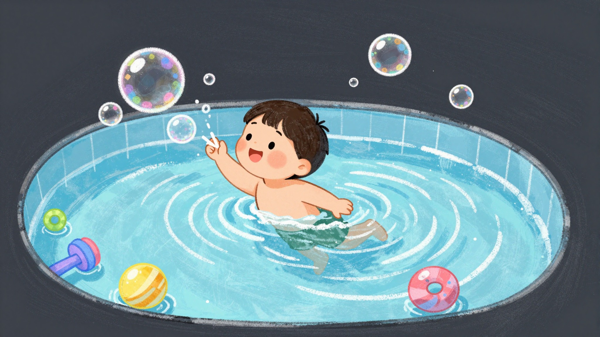 Enfant jouant joyeusement dans la piscine, style dessin à la craie