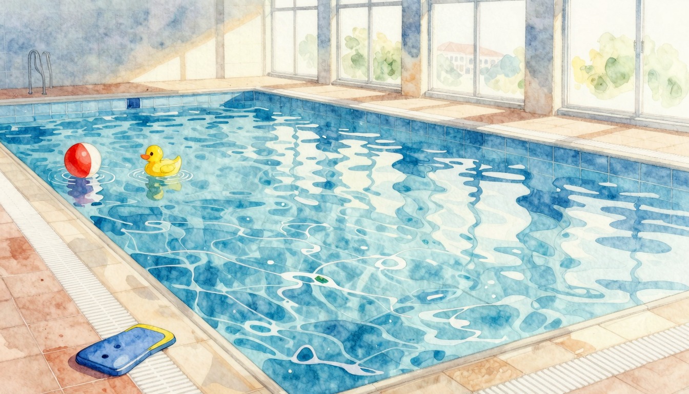 Binnenzwembad met zwemspeelgoed in aquarelstijl