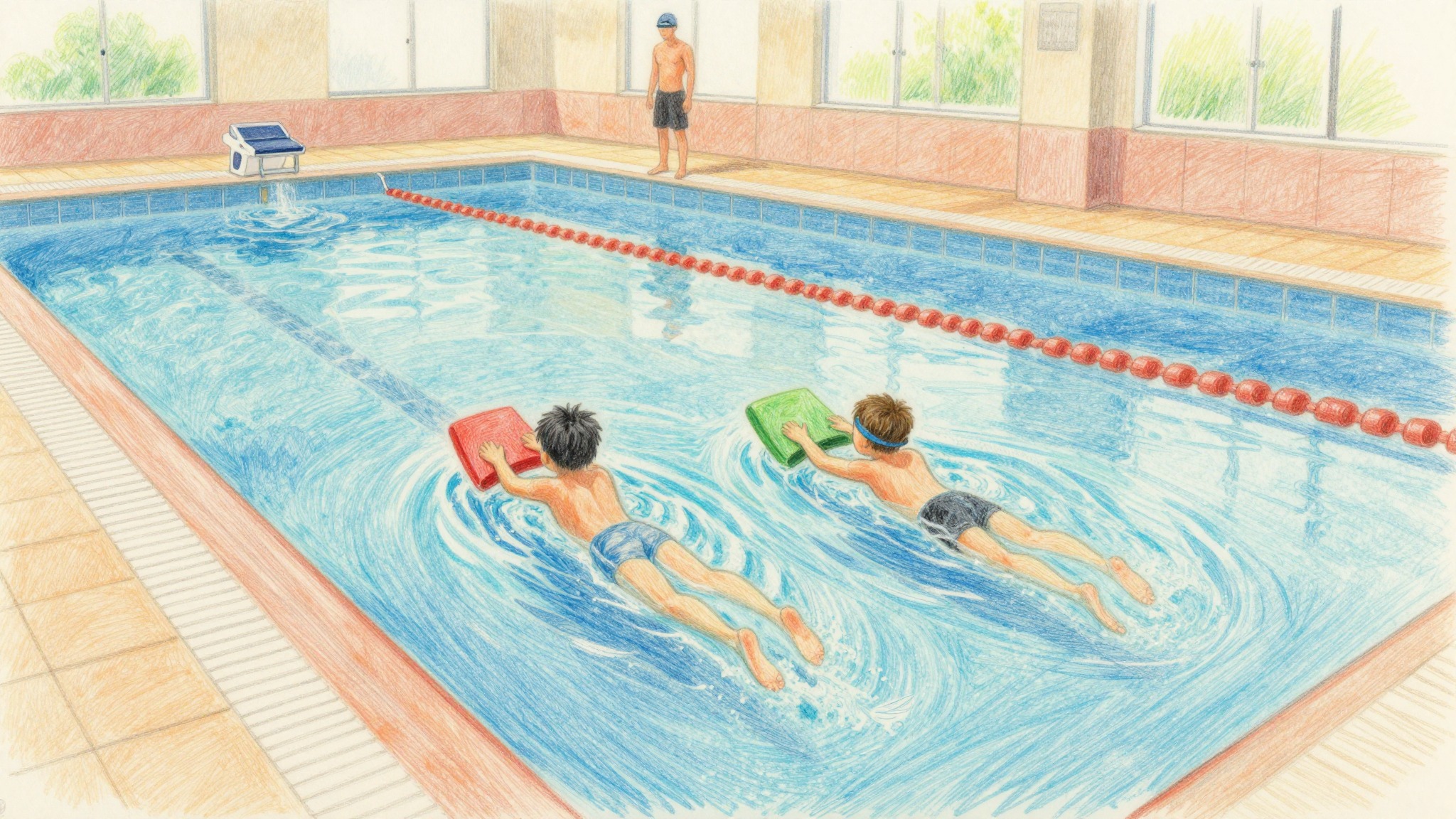 Kleurpotlood tekening van een zwemles met kleine groep kinderen
