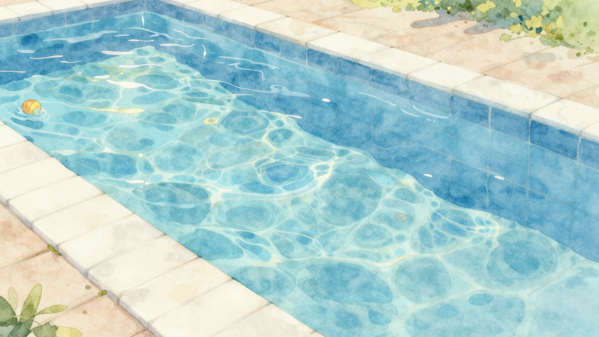 Ilustración en acuarela de un borde de piscina con agua cristalina