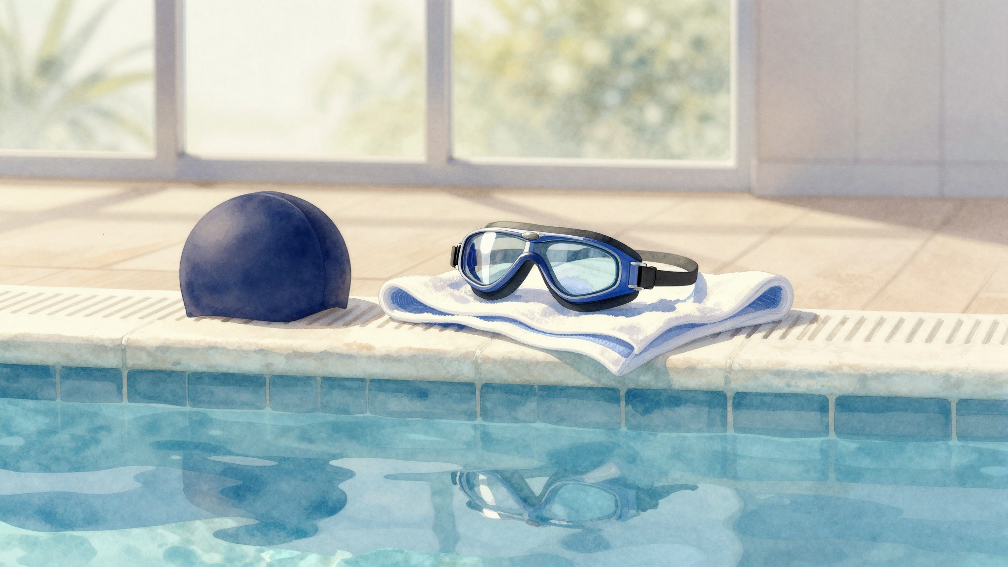 Watercolor drawing of swim goggles and swim cap on a towel at the pool edge