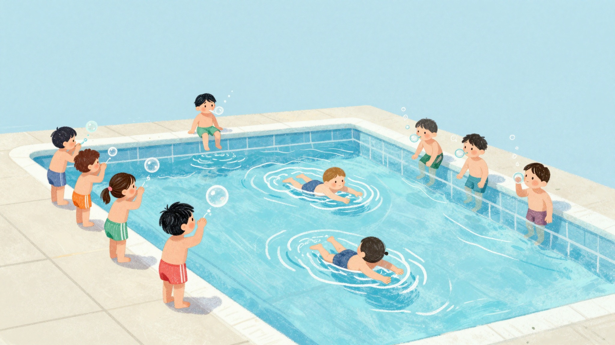 Des enfants pratiquent à tour de rôle pendant un cours de natation