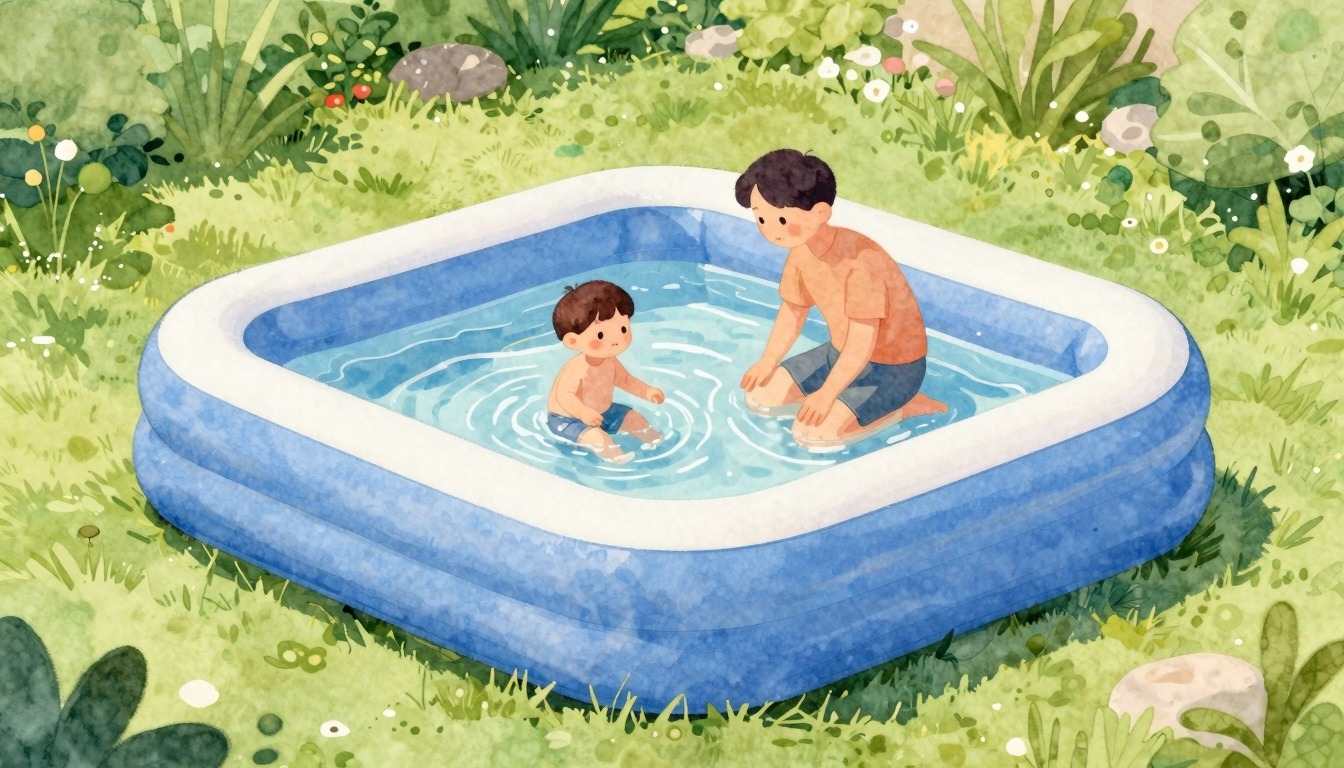 Watercolor illustration of a toddler in an inflatable pool in the garden, with a parent supervising