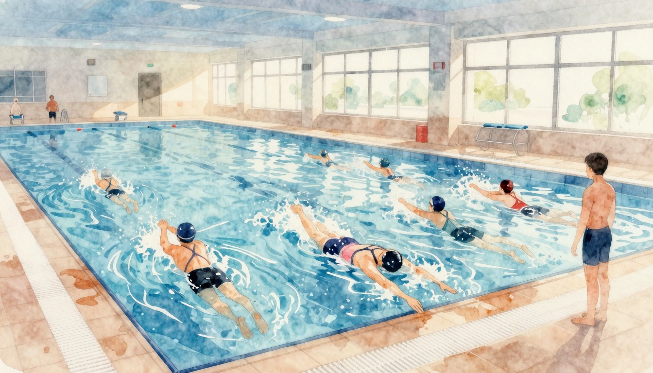 Adult practicing floating at the pool edge under instructor guidance, watercolor