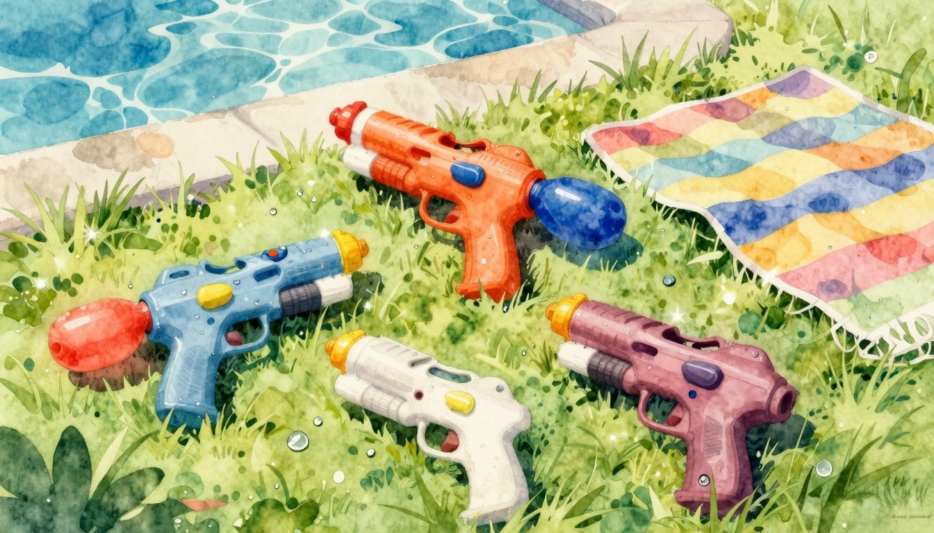 Waterpistolen en waterspuiten op het gras bij het zwembad