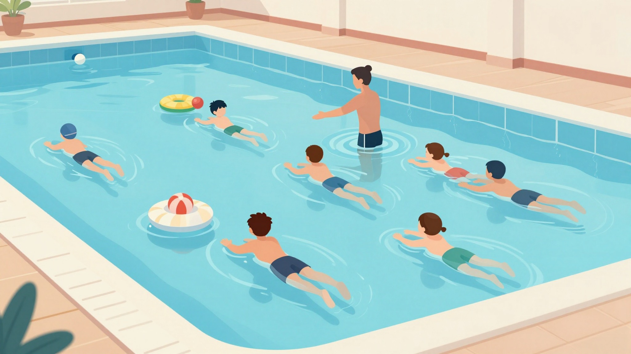 Kinderen tijdens zwemles in een helder binnenzwembad