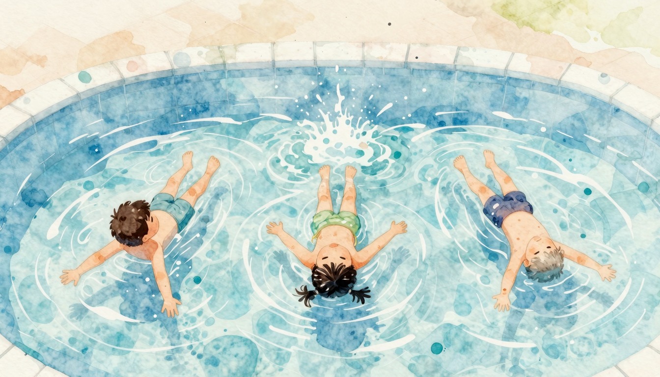 Children floating on their backs in the water, watercolor style