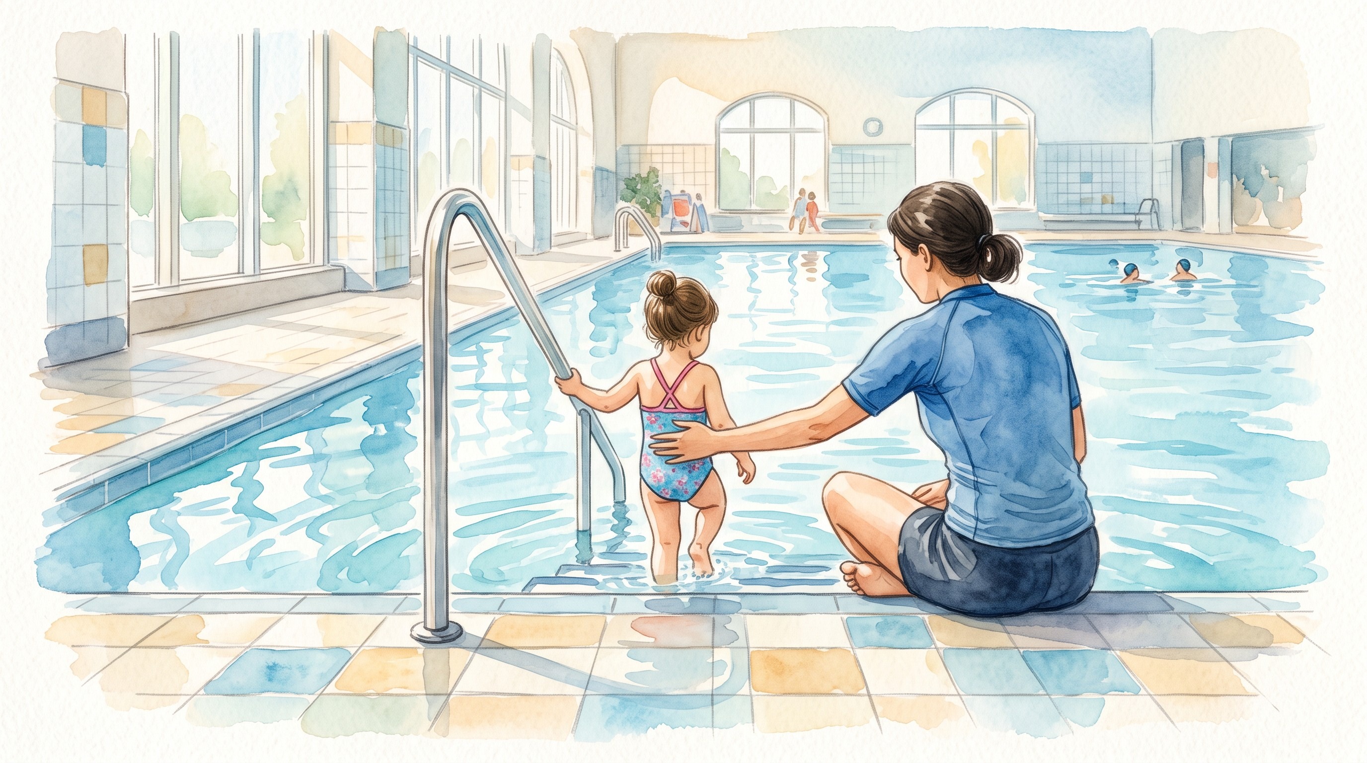 Kind stapt met begeleiding van de zweminstructeur weer het water in bij het ondiepe deel van het zwembad
