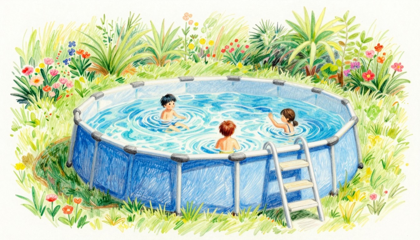Kinderen spelen in een opzetzwembad in de tuin met een opstaptrap aan de rand