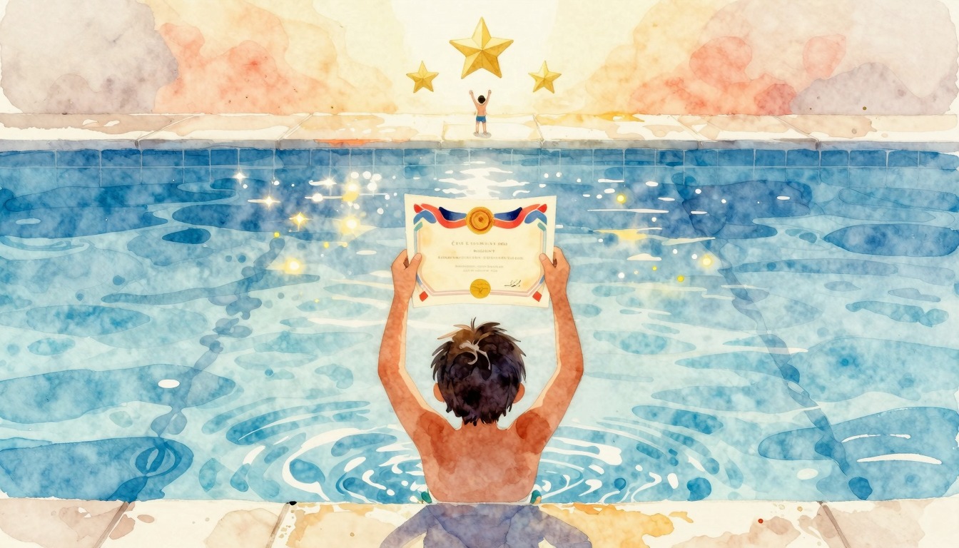 Child proudly shows swimming diploma at pool