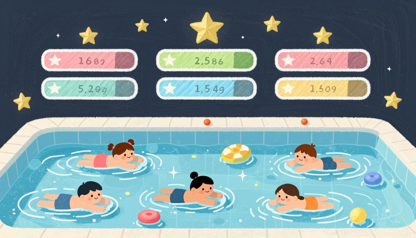Children learning to swim with digital progress display