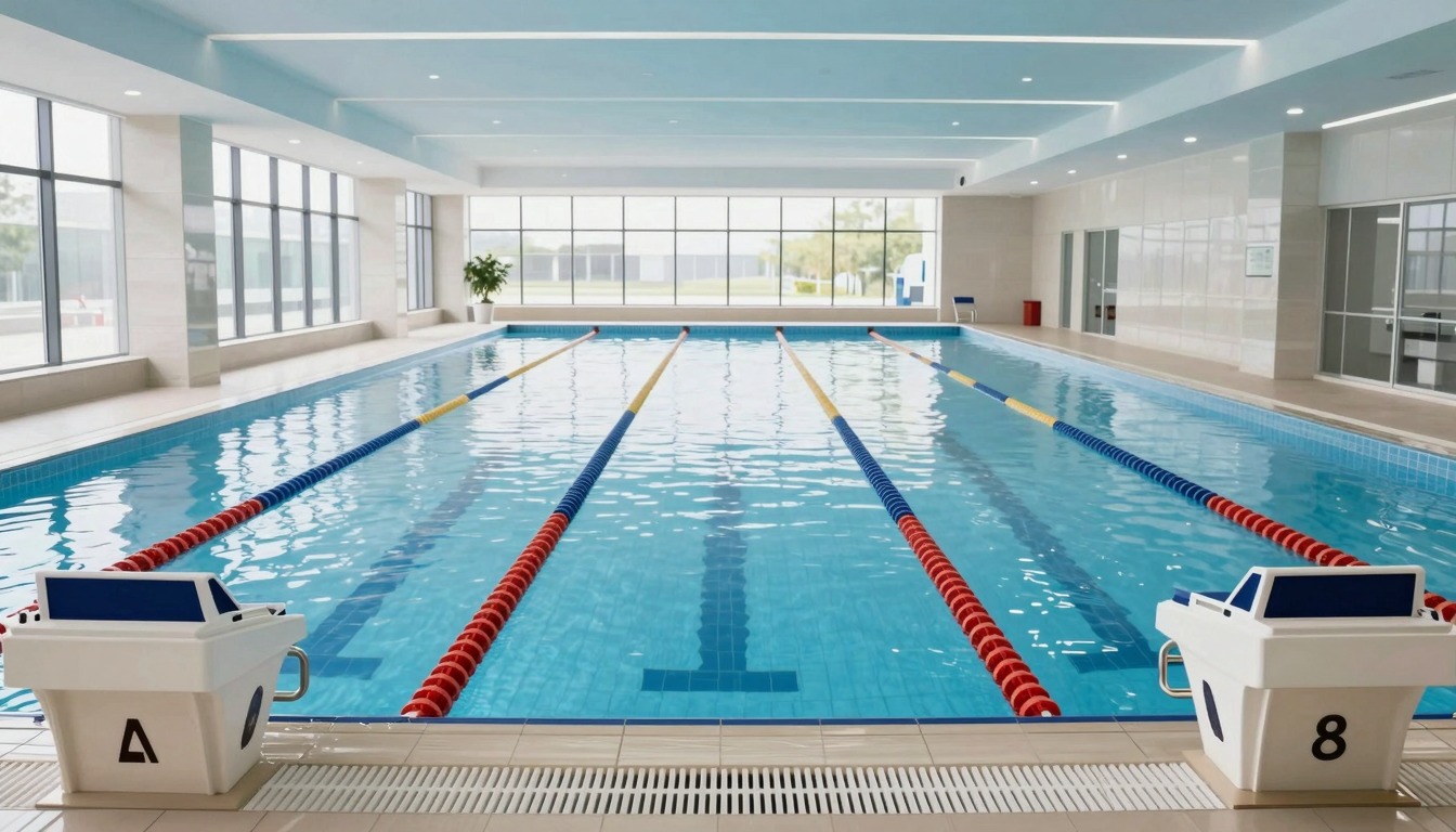 Modern binnenzwembad met lege zwembanen klaar voor training
