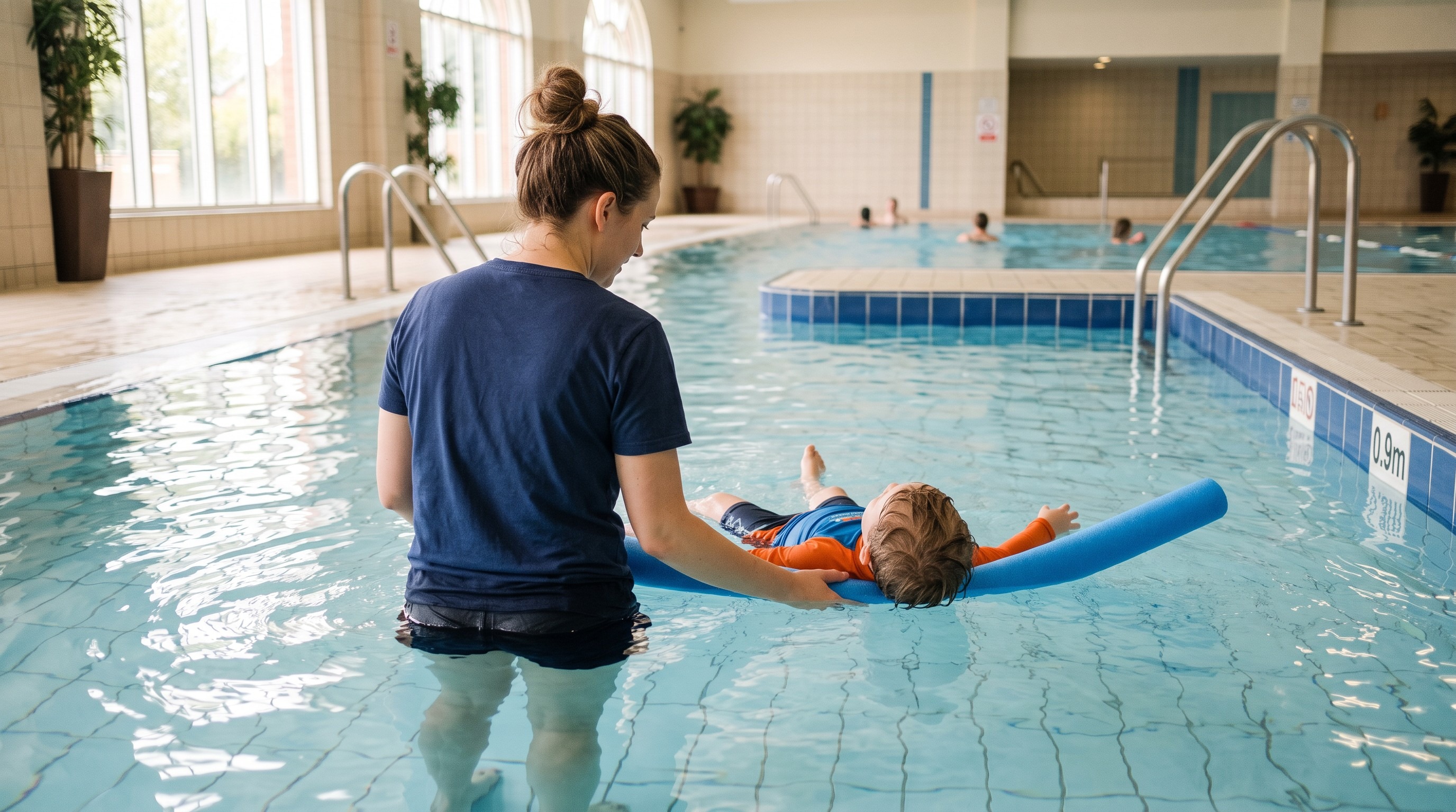 Ouder oefent met kind het drijven op de rug met een drijfmiddel in ondiep water