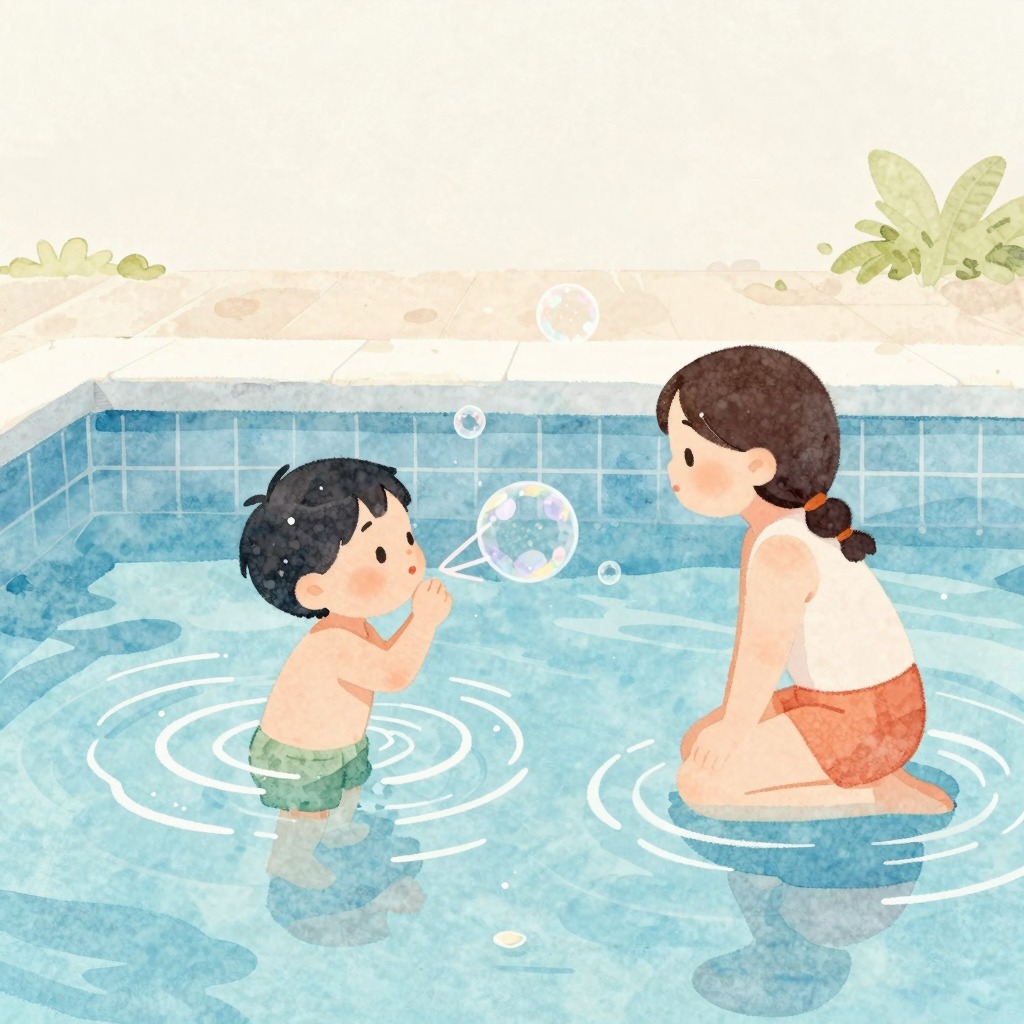 Elternteil übt mit Kind im Schwimmbad