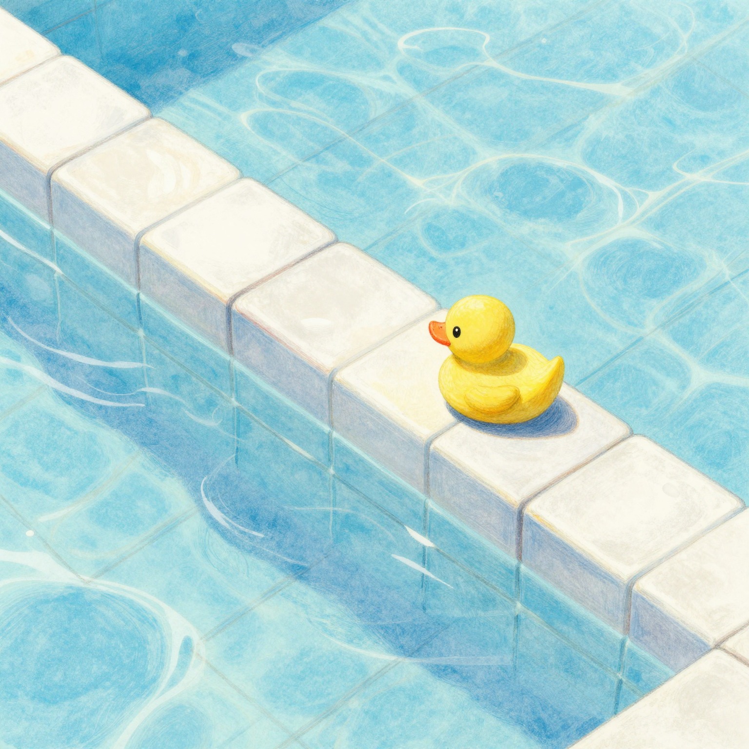 Kleurpotloodtekening van een zwembadrand met een eendje, illustratie bij het artikel over zwemles na de zomervakantie