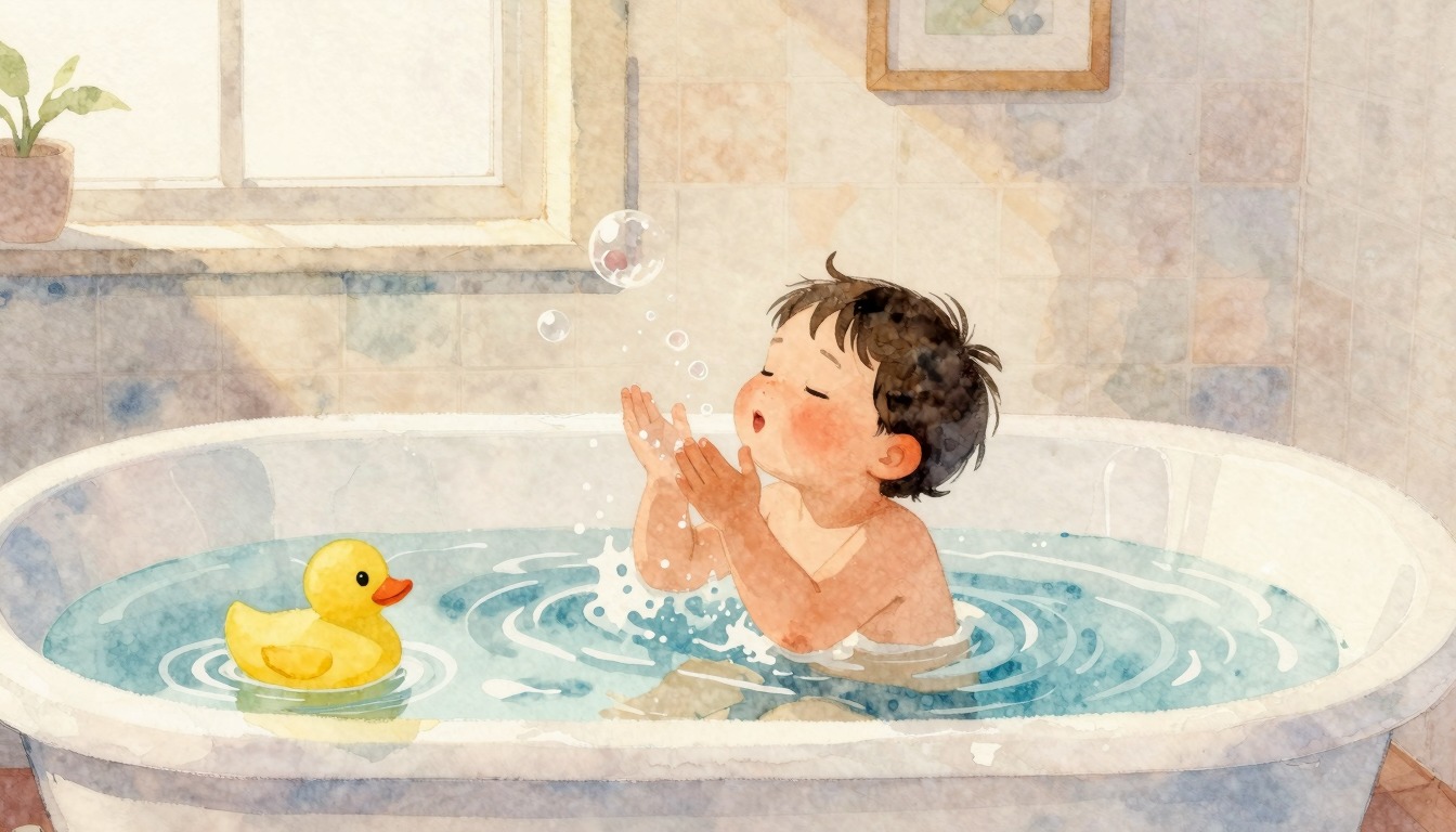 Child practicing swimming in bath at home