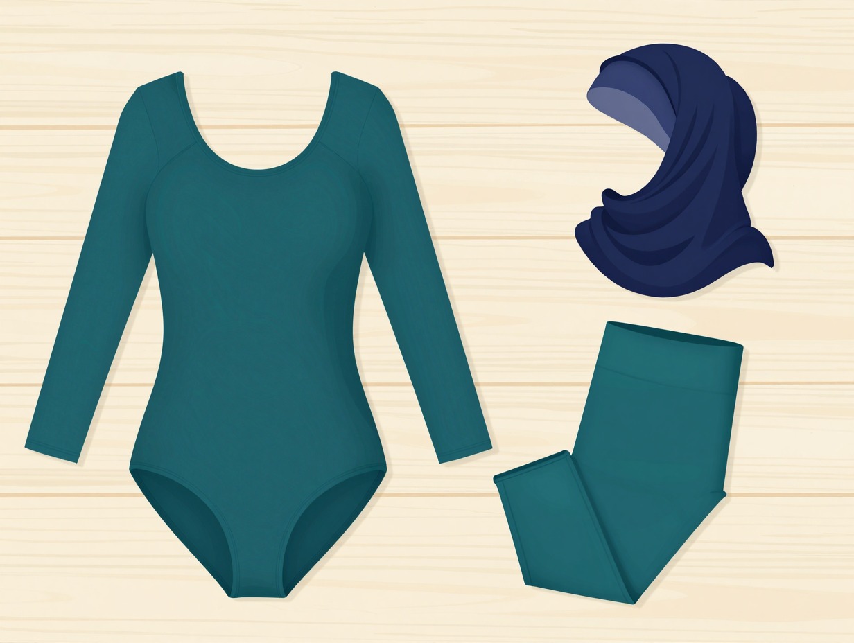 Digitale illustratie van bedekkende zwemkleding: zwemtuniek, zwemlegging en zwemhijab