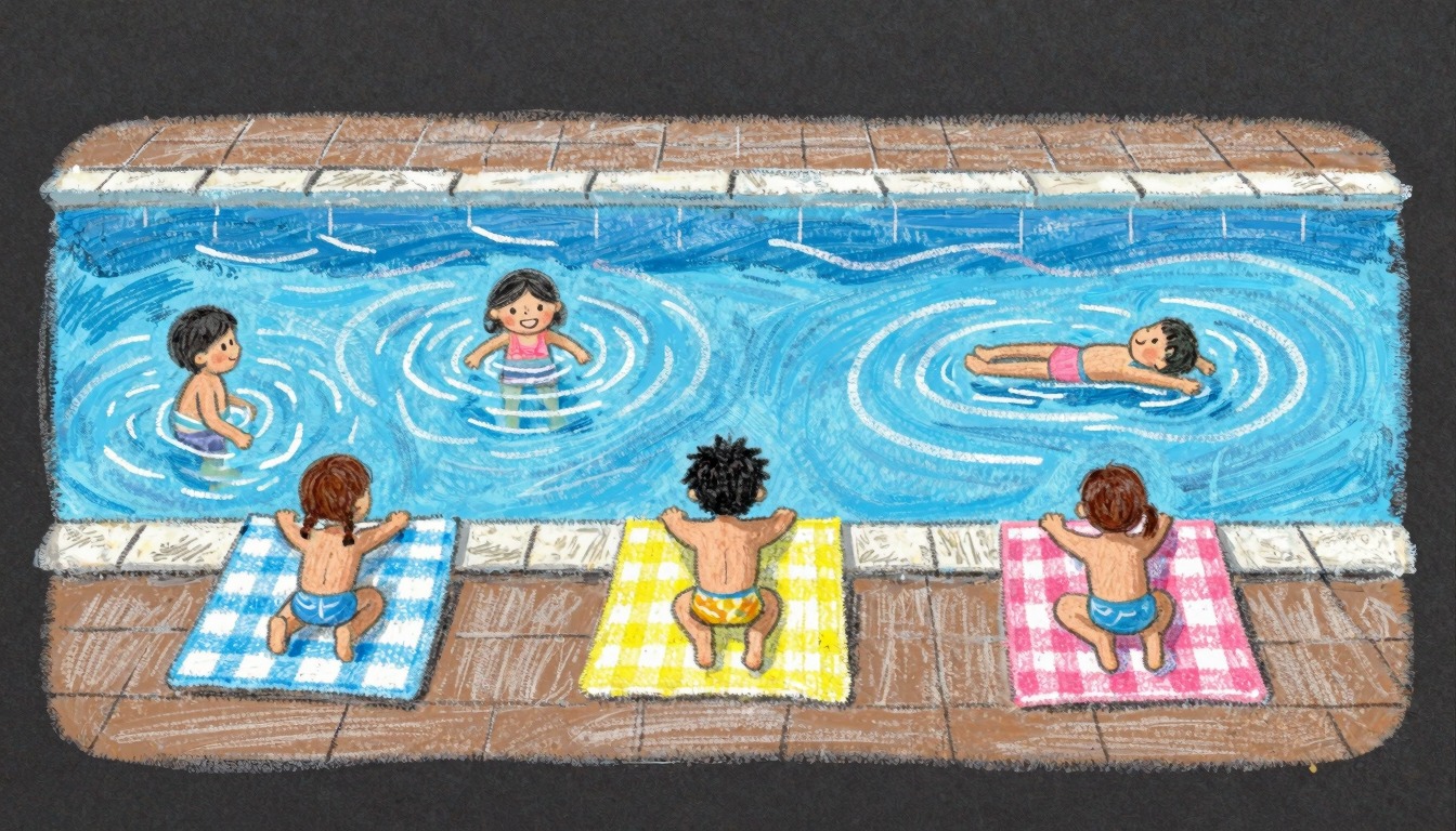 Chalk drawing of children drying themselves with their own towels after swimming lessons