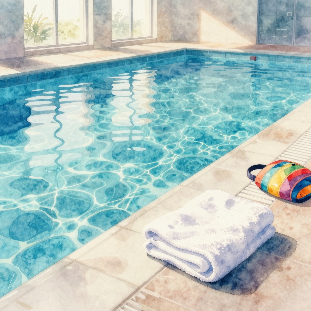 Watercolor illustration of an indoor pool with a folded towel and a swim bag on the edge