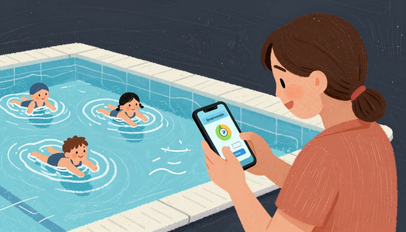 Eltern prüfen Schwimmunterrichtsfortschritt über Swimmigo App während Kinder Schwimmunterricht haben