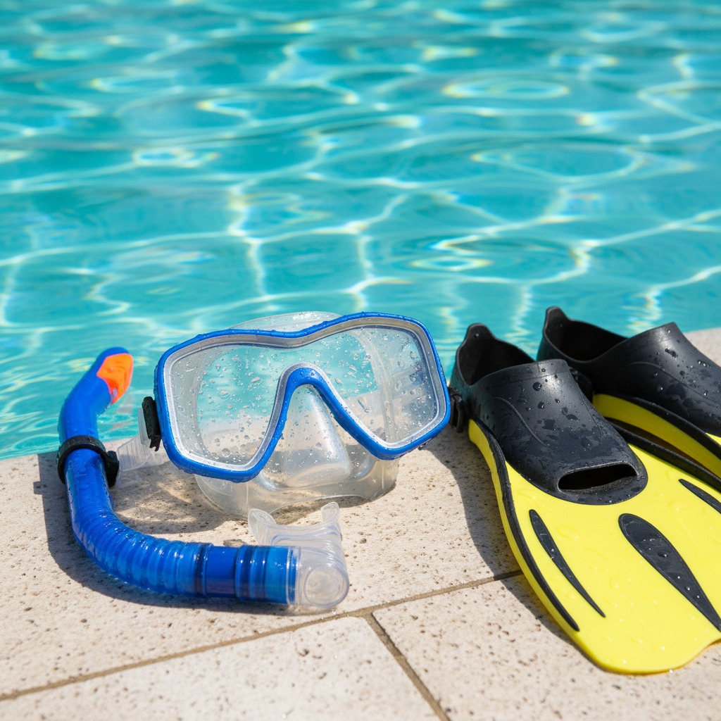 Snorkeluitrusting klaar voor gebruik bij het zwembad