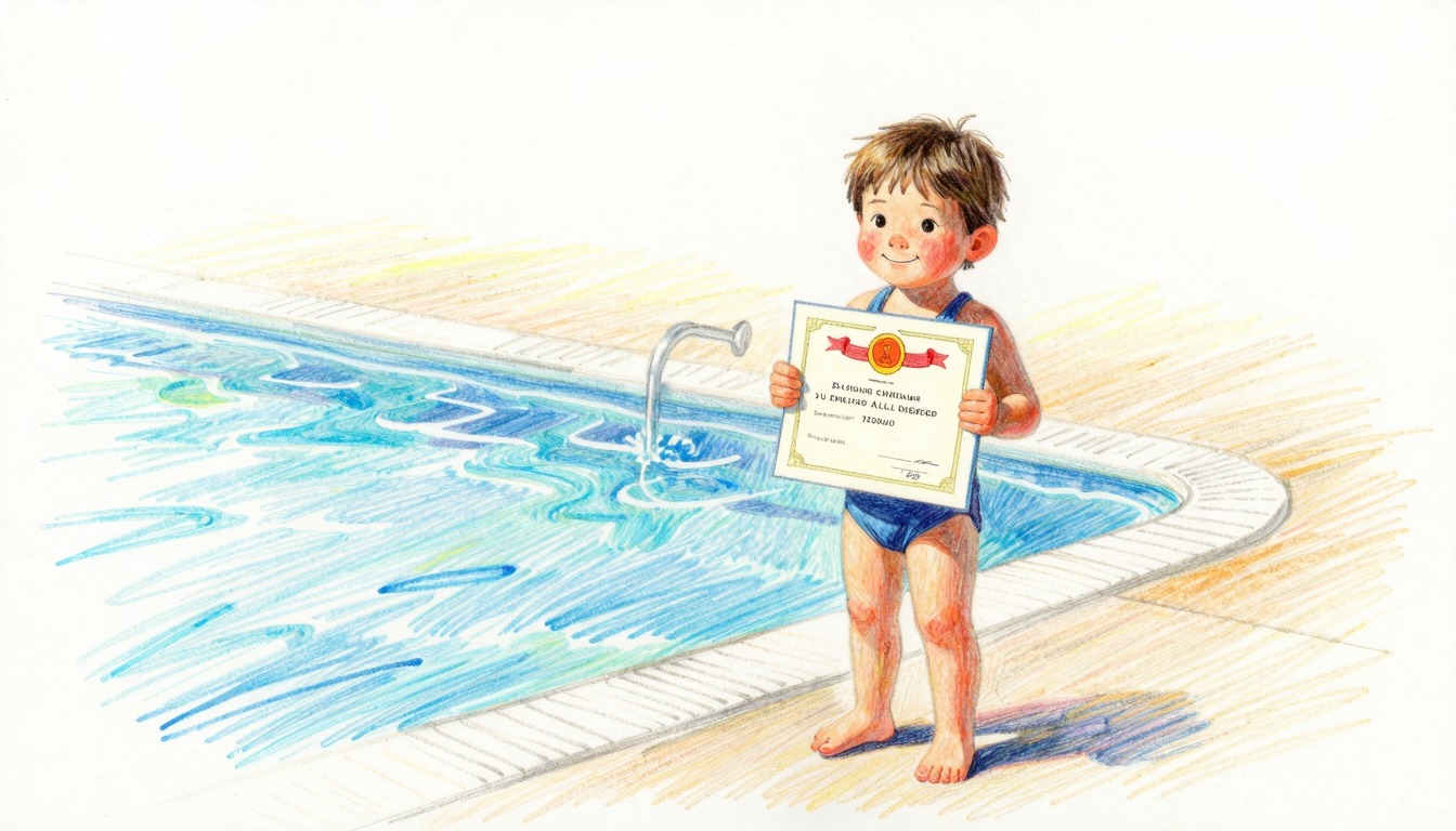Kind met zwemdiploma aan de rand van het zwembad